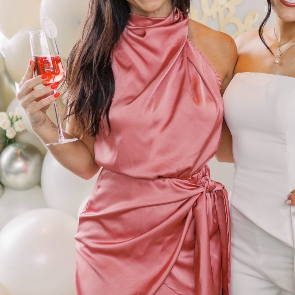 Hello Molly One-Shoulder Satin Dress in Dusty Rose